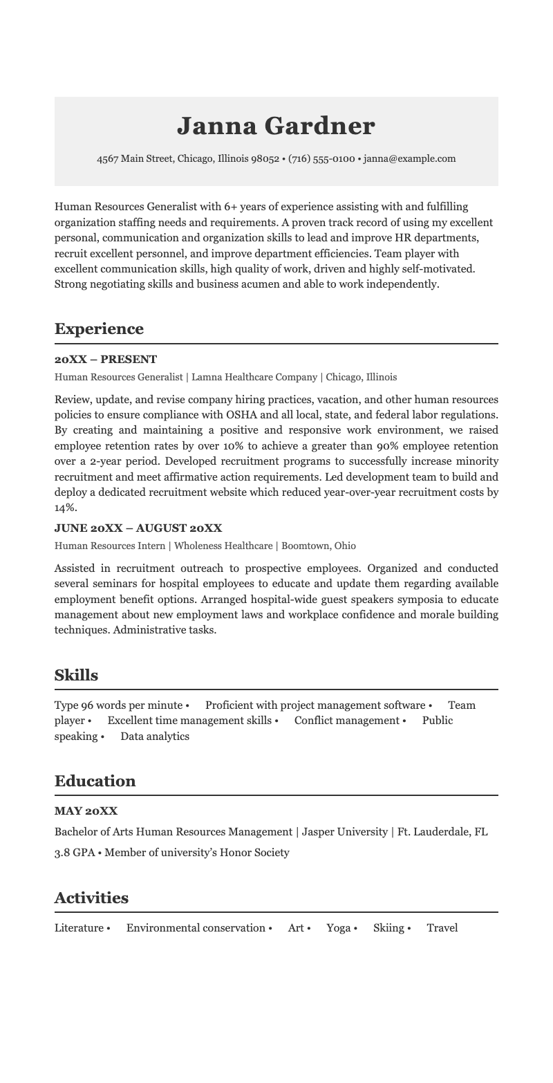 ATS classic HR resume - Professional resume template for HR generalists featuring clean layout with experience, skills, and education sections.